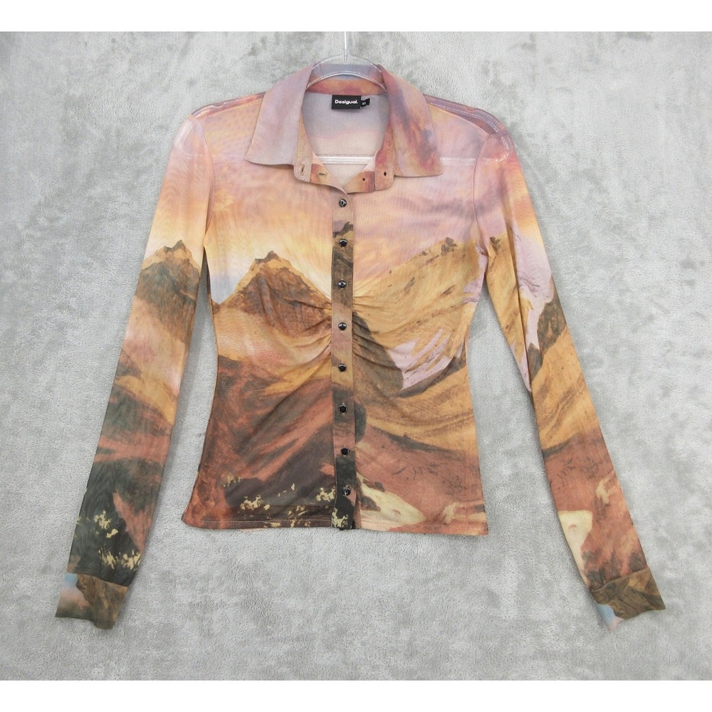 Desigual Shirt Women Size XS Mountain Landscape Mesh Sheer Button Front Artsy